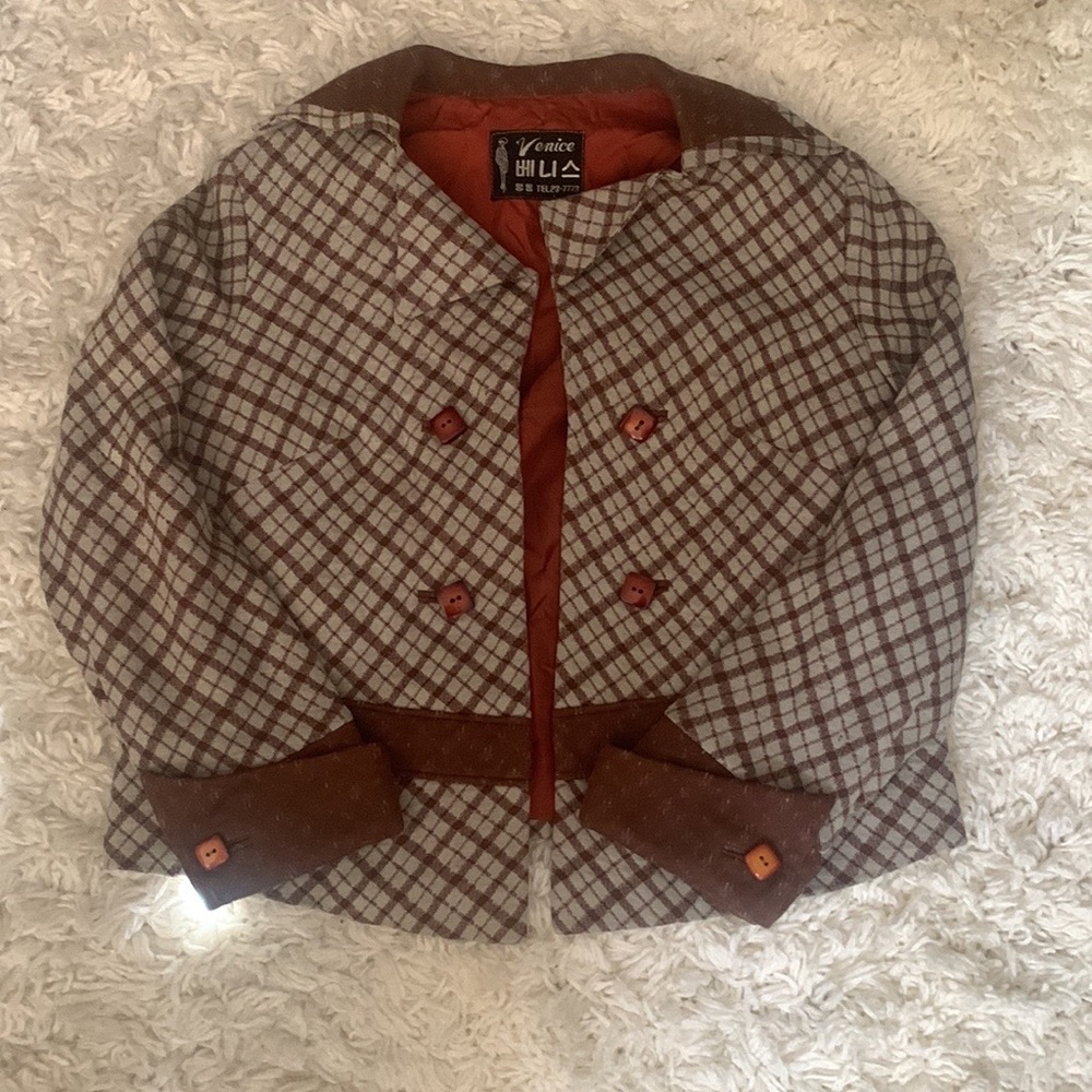 VINTAGE 60s 70s Brown White Plaid Blazer